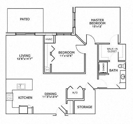 Floor plan for 2 beds, 1 bath, 1102 sqft
